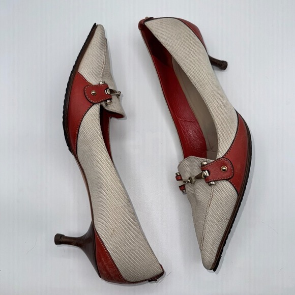 Gucci Womens Pumps US 8.5 B Gray Red Canvas Horsebit Pointed Toe Kitten Heel - Picture 6 of 13